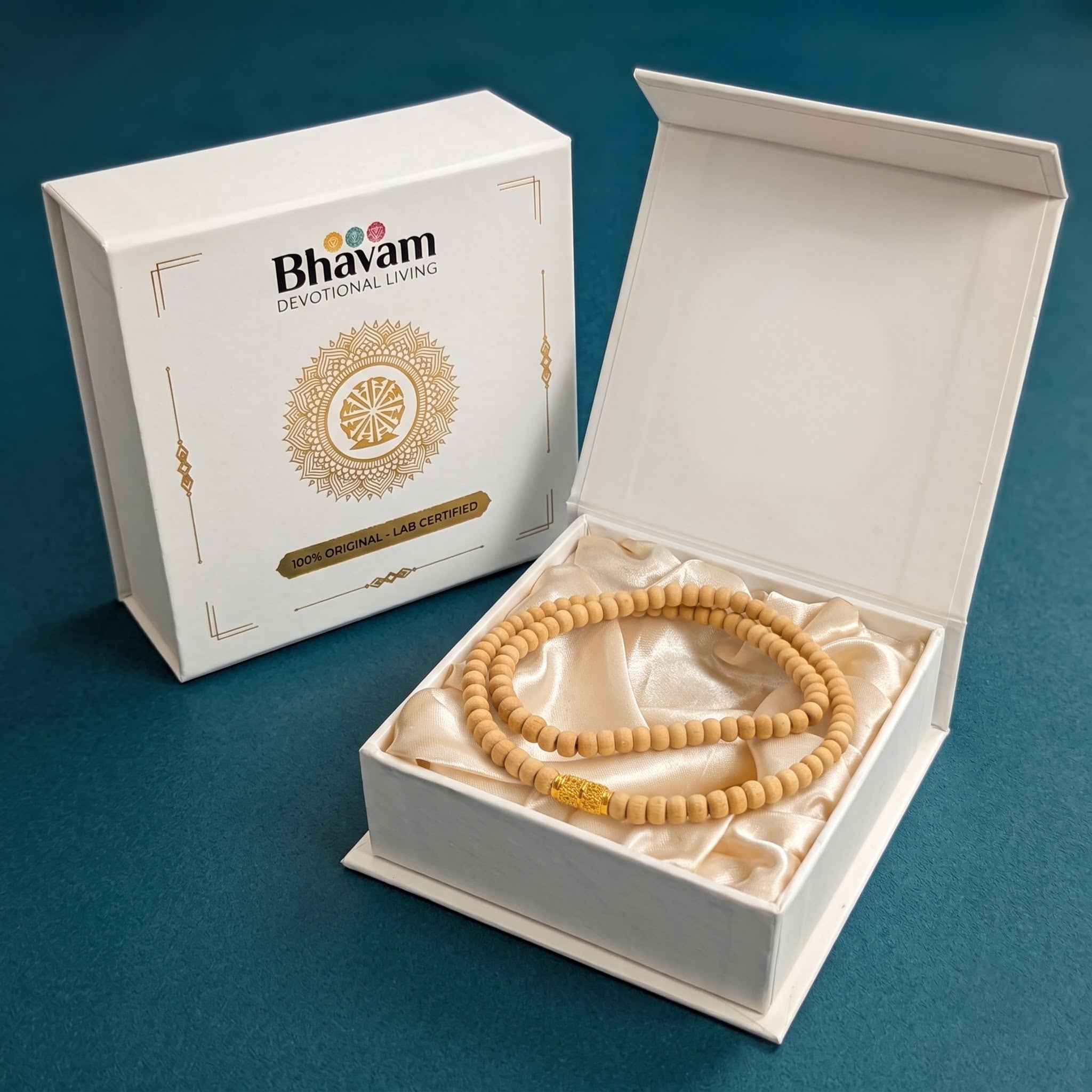 Tulasi mala with wooden prayer beads displayed inside a premium white satin-lined box with Bhavam branding.