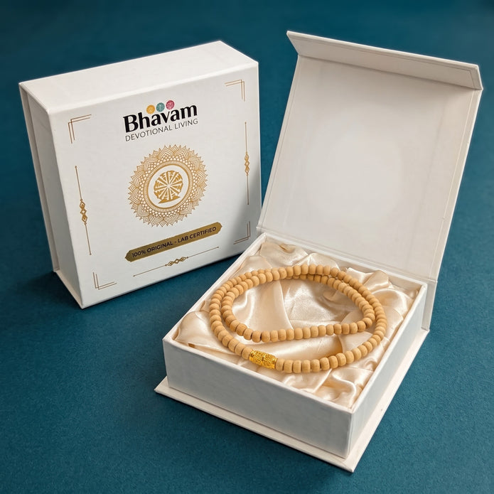 Tulasi mala with wooden prayer beads displayed inside a premium white satin-lined box with Bhavam branding.